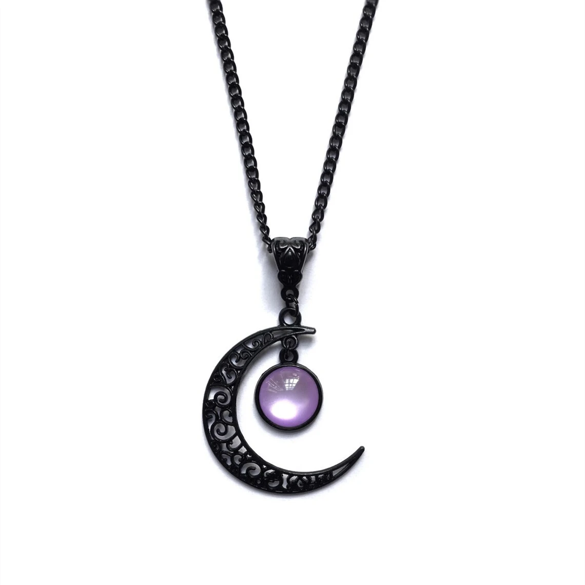 Black Filigree Crescent Moon Necklace, Purple Cabochon, Lunar Jewelry, Solar System, Celestial, Gothic, Boho, Wicca, Witch