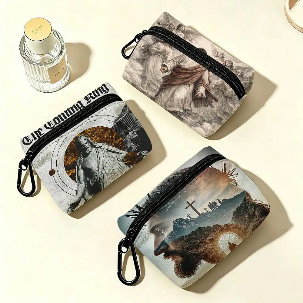 Son of God Jesus White Oxford Cloth Zipper Coin Purse Lightweight Hanging Key Pouch Card Holder For Daily Use