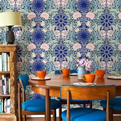 Retro Bue Floral Vinyl Wall Decor Chic Peel And Stick Waterproof Wallpaper Flower Furniture Cabinet Sticker For Living Room