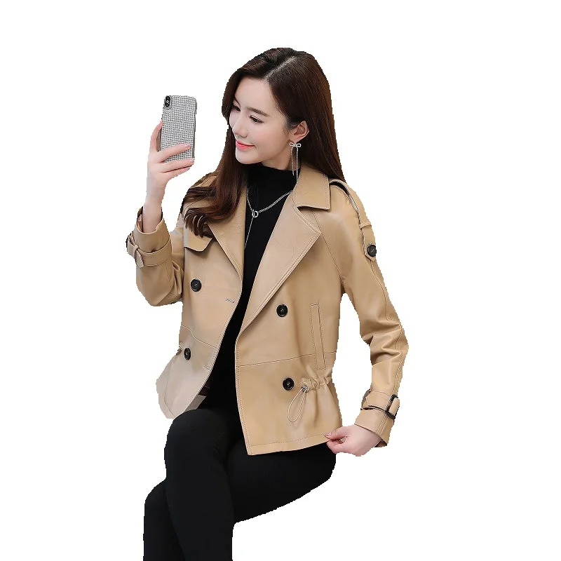 Genuine Leather Jacket For Women's Short Spring Korean Version Leather Jacket With Sheepskin Waist Closure And Slimming Effect,