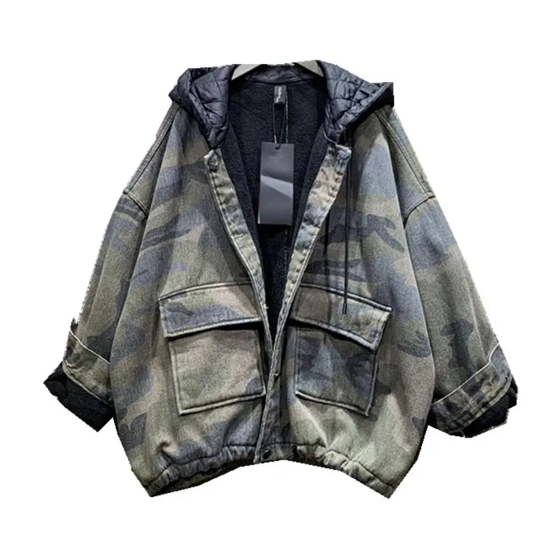 Camouflage Denim Warm Hooded Coats Women Casual Loose Outerwear Zip Up Hoodie Autumn Winter New Thicken Cotton Jacket Womens Top