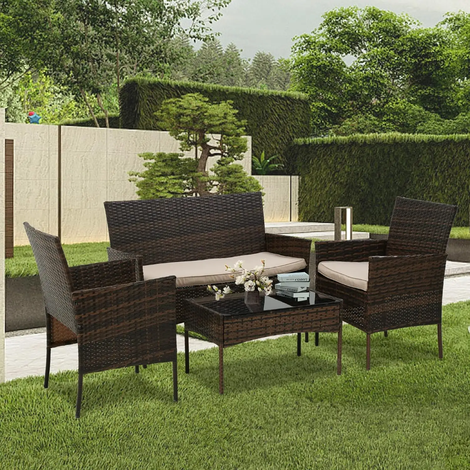 4 Pieces Patio Furniture Set Rattan Outside Furniture Wicker Sofa Garden Conversation Sets with Soft Cushion and Glass Table