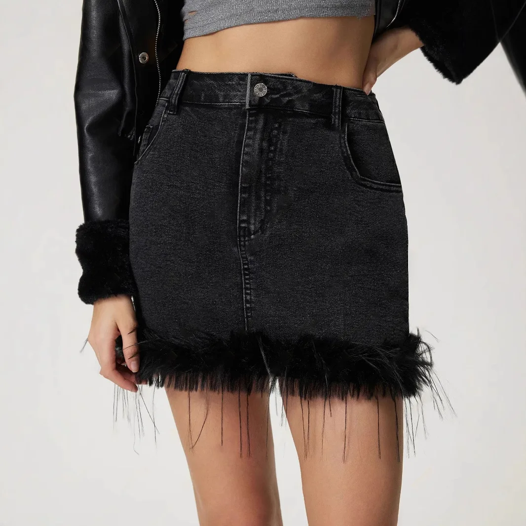 European and American Fashion Stitching Fluffy Edges Denim Half Body Skirt, Ladies Spring and Autumn New Sexy Style Denim Skirt