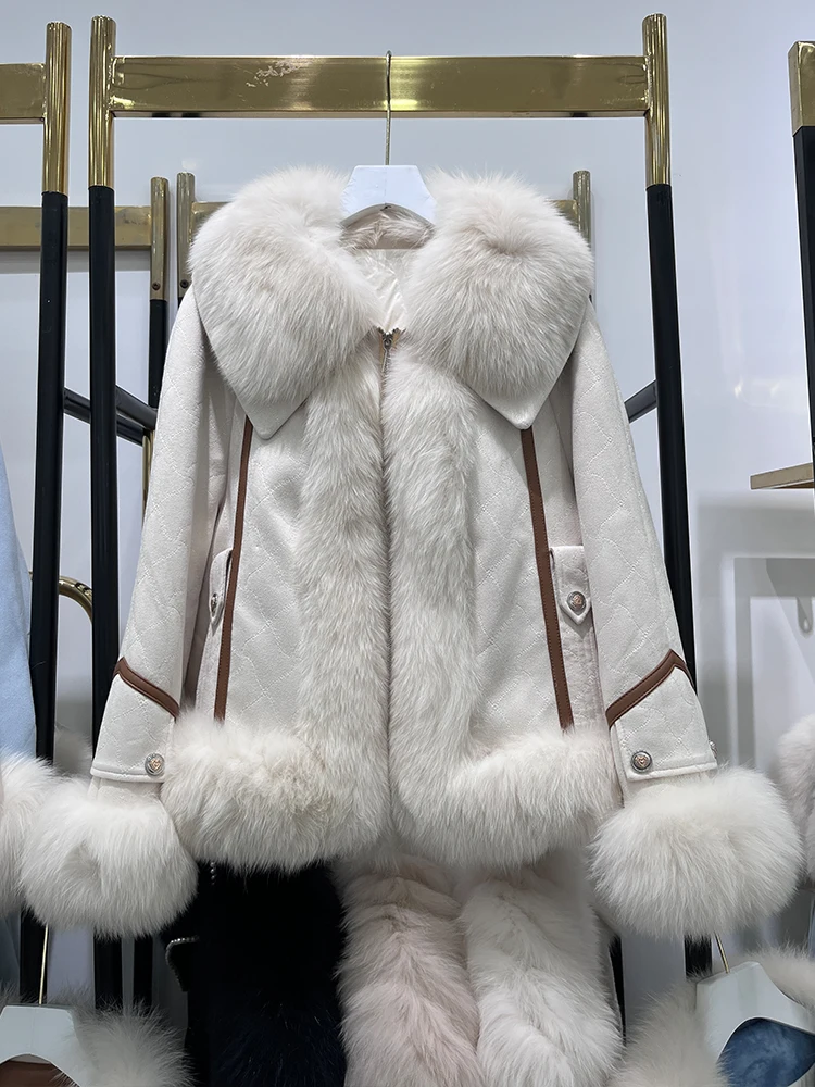 

2023 Winter Natural Fox Fur Collar Goose Down Coat Womens Loose Luxury Puffer Jackets Clothing