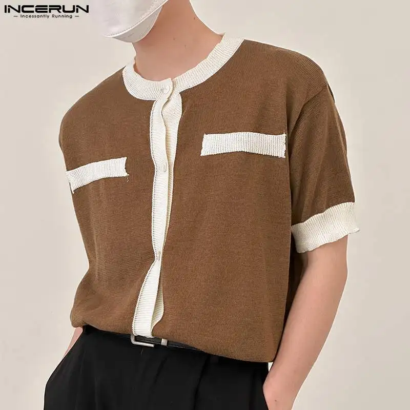 INCERUN Men Shirt O-neck Short Sleeve Knitted Patchwork Casual Men Clothing Streetwear 2024 Summer Leisure Male Shirts S-5XL