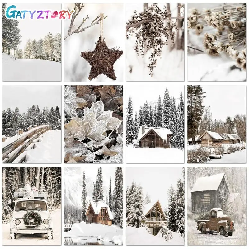 

GATYZTORY DIY Painting By Numbers With Frame Winter Landscape Diy Gift Artwork Drawing On Numbers Snow House Home Decors