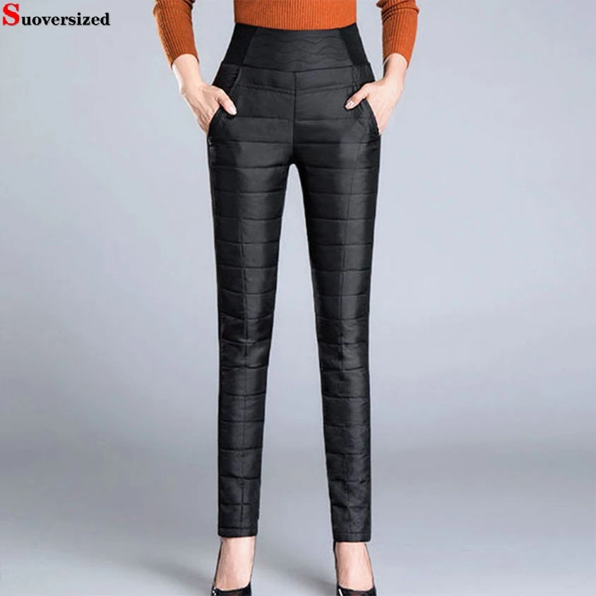 

Black Stretch Skinny Cotton Pantalon Mujer Classic Warm White Duck Down Pants Women Office Windproof High Waist Thick Snow Pant