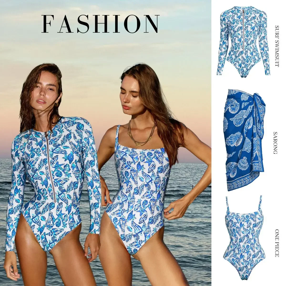 FLAXMAKER Long Sleeve Conch Printed One Piece Surf Swimsuit and Sarong Women Beachwear Luxury Bathing Suit