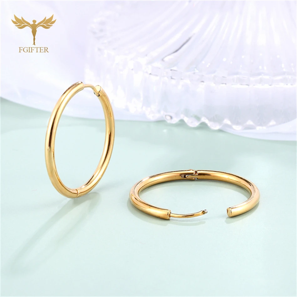 8mm-24mm Gold Color Stainless Steel Hoop Earrings for Women Men Classic Simple 2.6mm Wide Round Ear Piercing Jewelry Accessories