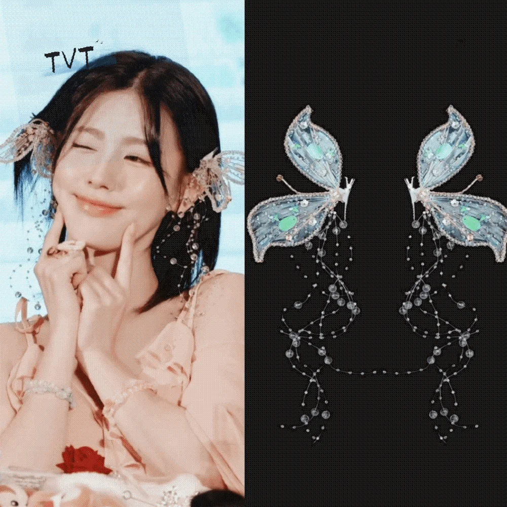 

1 пара креативных заколок для волос в виде бабочек с бусинами, пайетками и кисточками, в корейском стиле, заколка-уточка для косплея