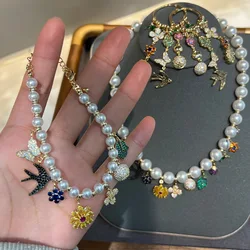 2023 Women Swallow Beetle Butterfly Flower Diamond Pearl Necklace