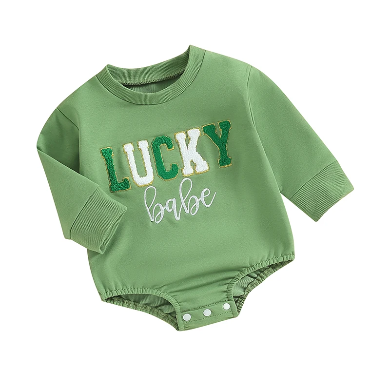 Newborn Baby St Patrick s Day Bubble Romper Clover Embroidery Long Sleeve Oversized Bodysuit Jumpsuit Outfit