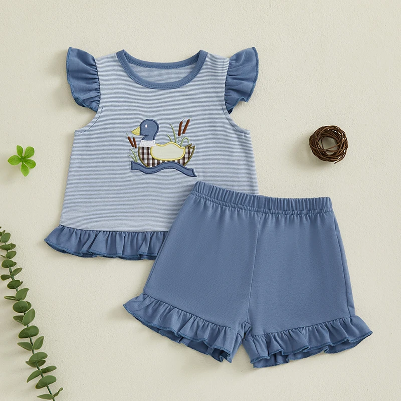 

Toddler Baby Girl Clothes Set Duck Embroidered Striped Flying Sleeve Tops Solid Ruffle Shorts 2 Piece Summer Outfits
