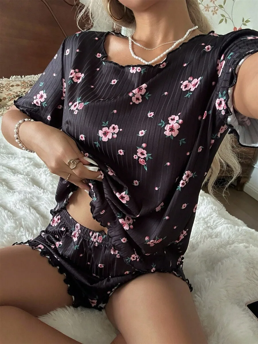 

Floral Ribbed Knit Loose Short Sleeve Pajama Set For Women Summer Sleepwear