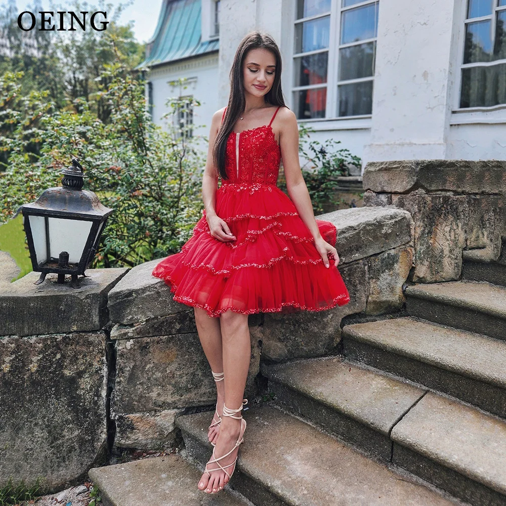 

OEING Glitter Mini Prom Dress Gala 3D Appliques Lace Tiered Short Cocktail Party Dresses Celebrity Gowns Vestido De Formatura