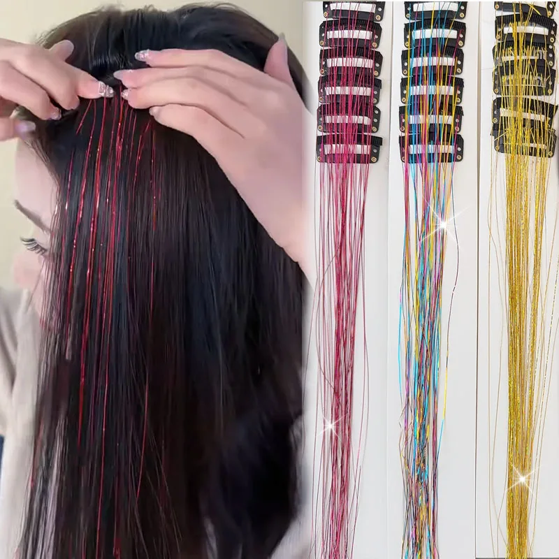 

52cm Sparkle Synthetic Hair Extensions Tinsel Rainbow Colored Shiny Strands Girls Headwear Hairbinge Hair Laser Decoration Tool