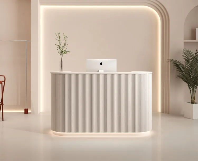 Modern Curved Reception Desk with LED Light Beige Wave Front Desk for Beauty Salon Nail Shop Spa Commercial Furniture