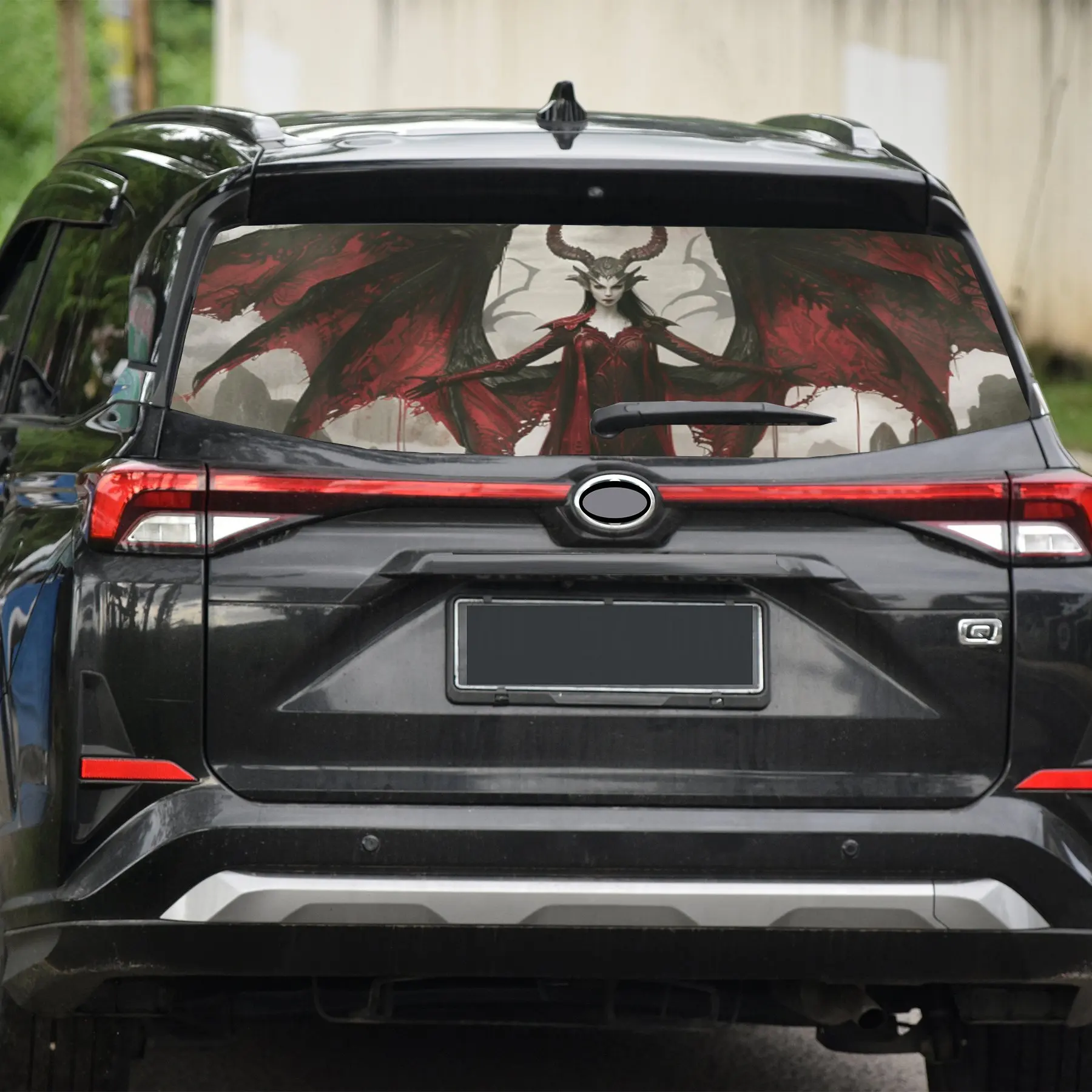 Fantasy Demoness pasa sus alas rojas, pegatina para parabrisas trasero de coche, ventana de camión transparente, vinilo perforado para ventana trasera W