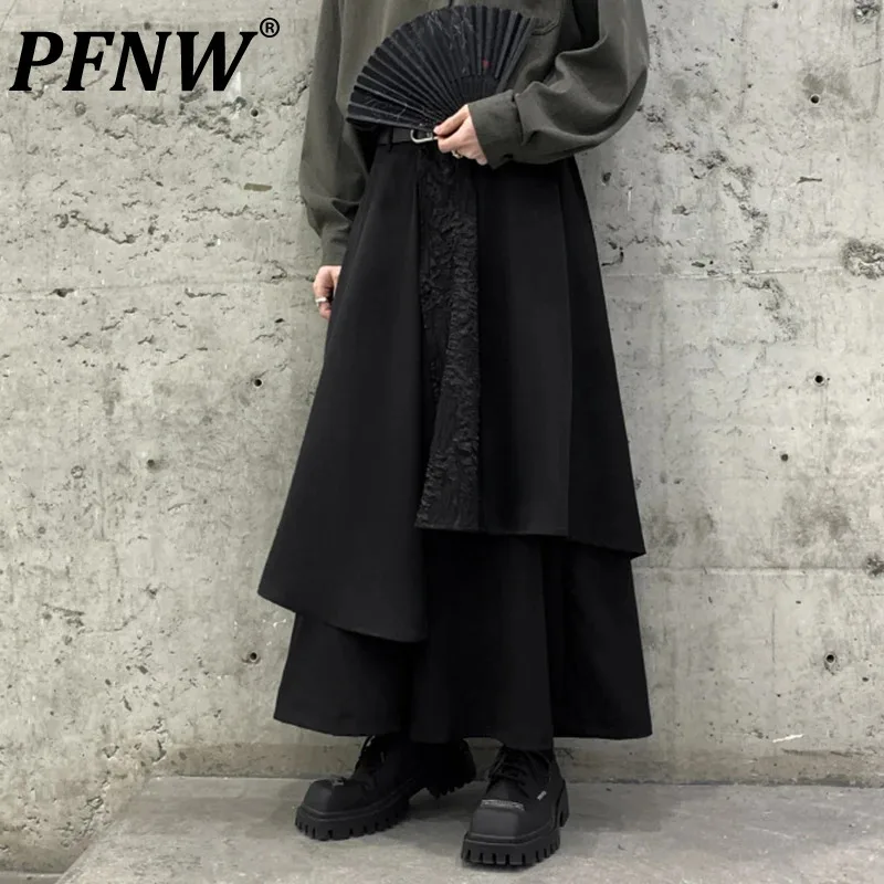 

PFNW Chinese Style Men's Casual Pants Loose Patchwork Jacquard Soldi Color Straight Wide Leg Male Trousers Dark Design 12C957