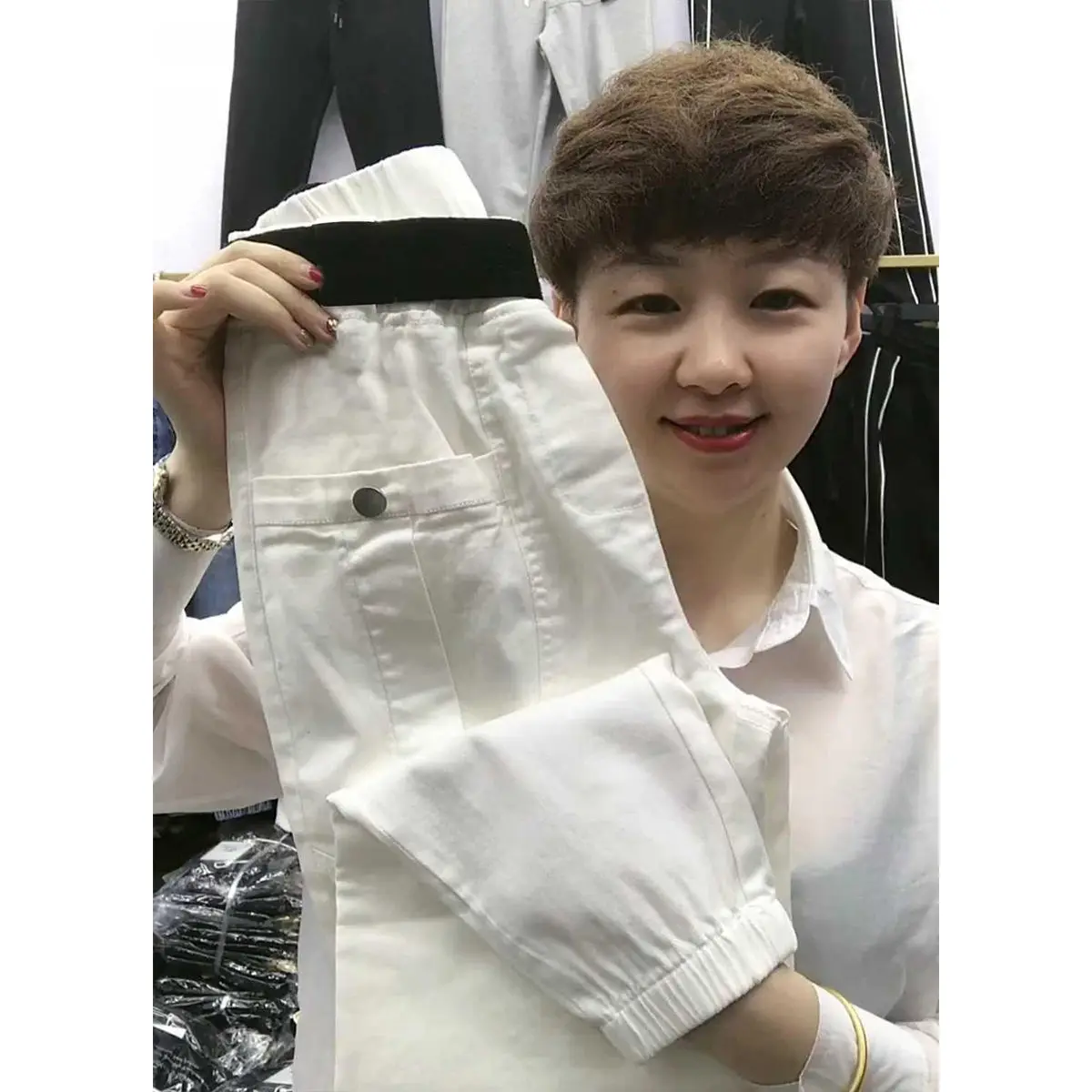 

Модные белые джинсы Dad, женские свободные утягивающие брюки с высокой талией, девятисекционные брюки Харлан, модные повседневные брюки