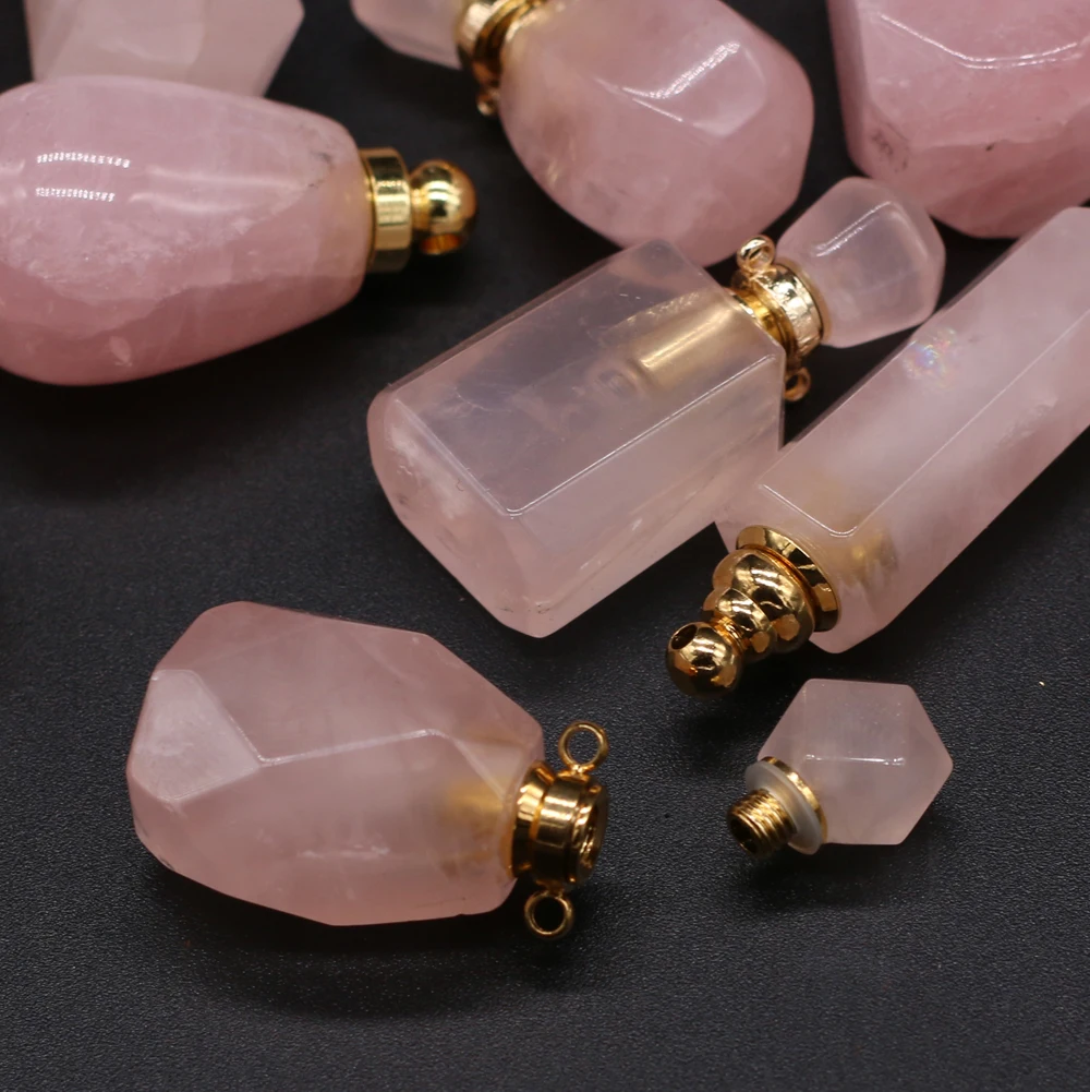 Natural Quartz Perfume Bottle Pendants Rose  Two-Holes Connectors For Jewelry Making DIY Bracelet Necklace Accessories