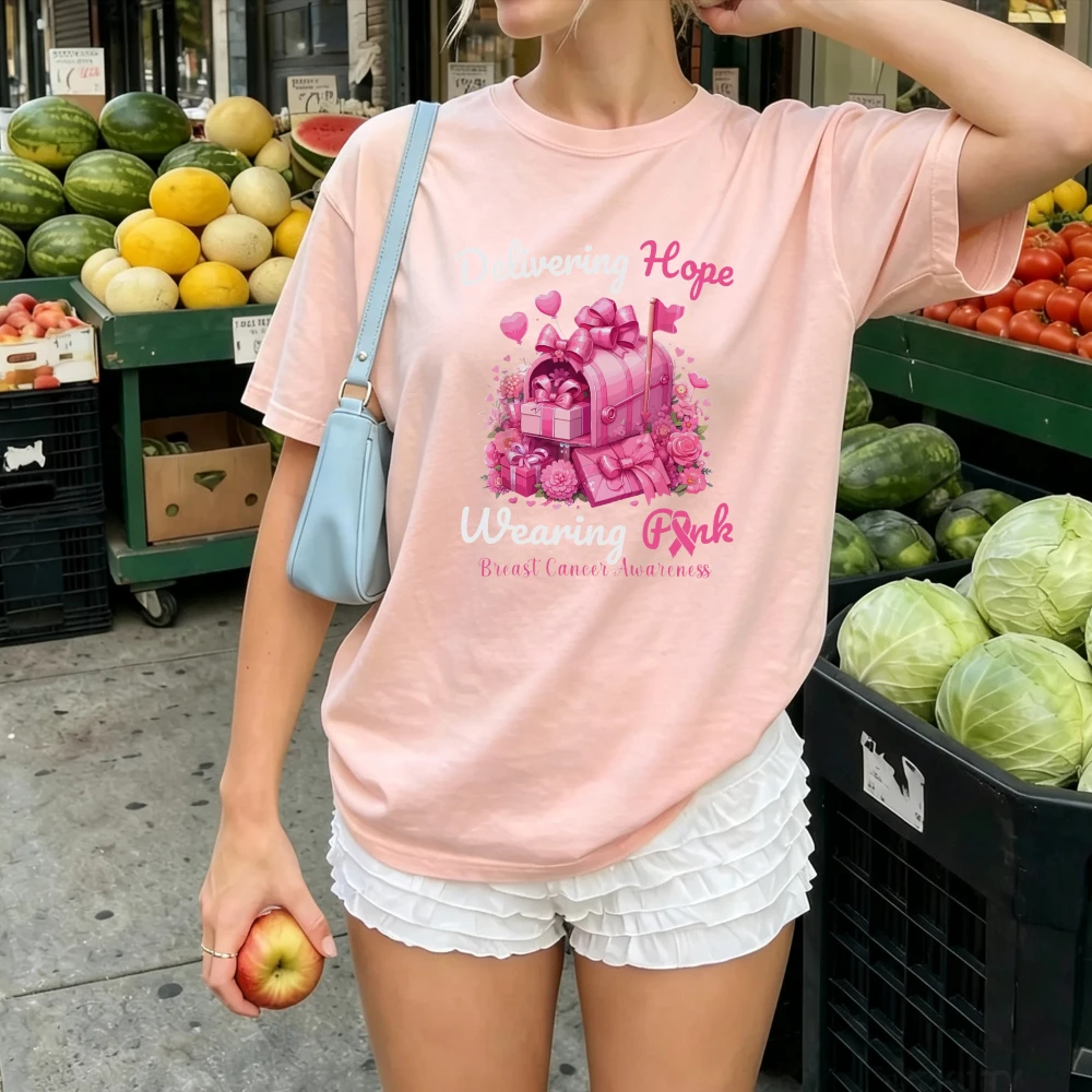 Delivering Hope Wearing Pink Mailbox Floral Pink Ribbon T-Shirt Breast Cancer Awareness Graphic Women Casual Inspirational Tops