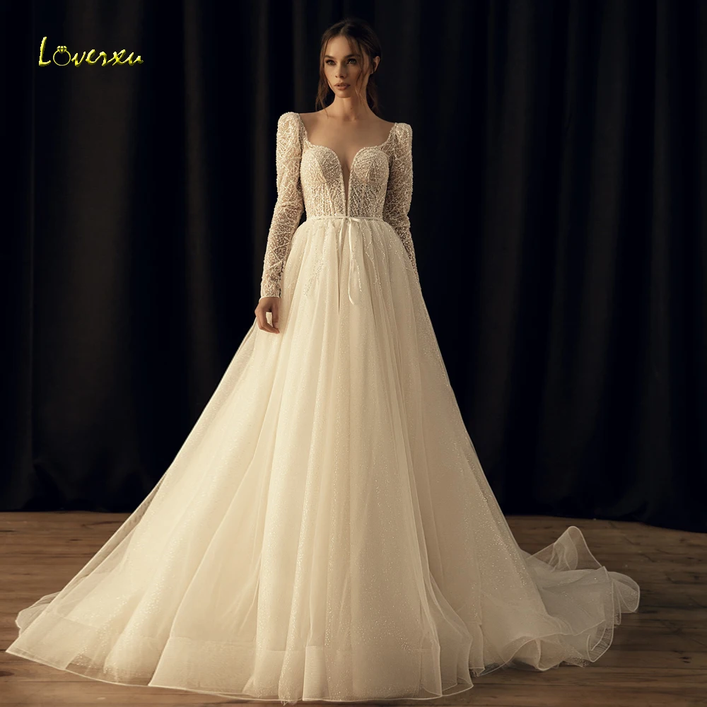 

Loverxu A-Line Illusion Wedding Dresses 2024 Scalloped Long Sleeve Vestido De Novia Lace Beading Stunning Robe De Mariee