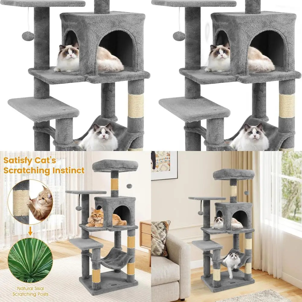 

Многоуровневый кошачий дерево-игровой комплекс 44 Grey с сизалевыми стойками, двойным домиком, гамаком, шариками и верхним лежаком для игр и отдыха в помещении