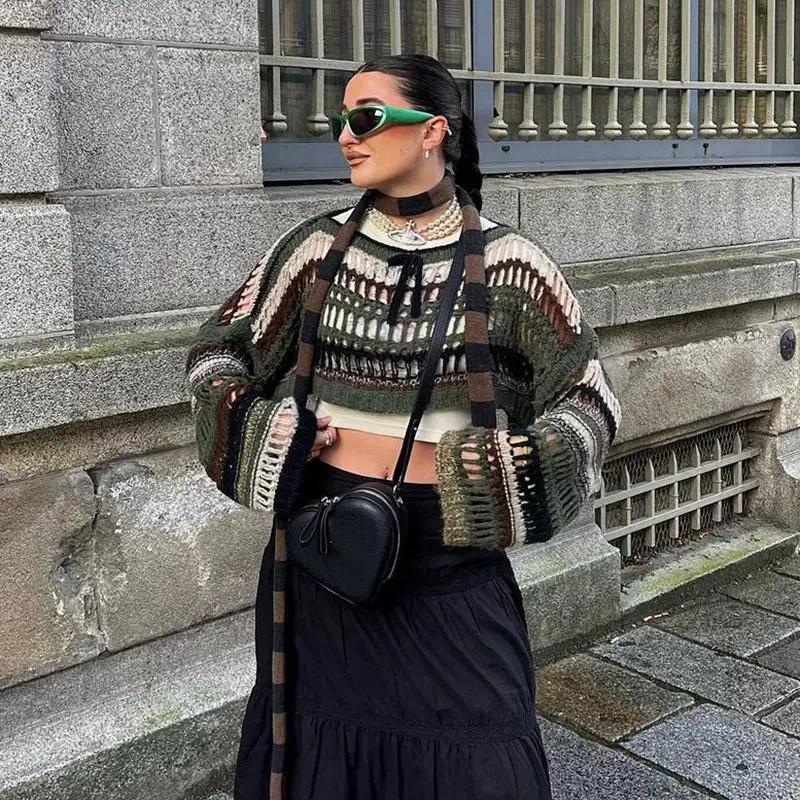 

Женские полосатые полые топы Y2k в стиле Харадзюку, ранняя осень, винтажный свободный короткий вязаный свитер с длинными рукавами, уличная одежда, модный пуловер, новый