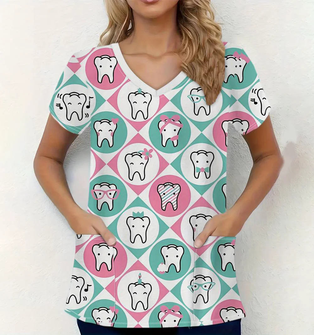 Clinical Uniform Woman Tooth Pattern Print Dental Nurse Tops Casual V-Neck Short Sleeve with Pockets Nursing Uniform for Women image 5