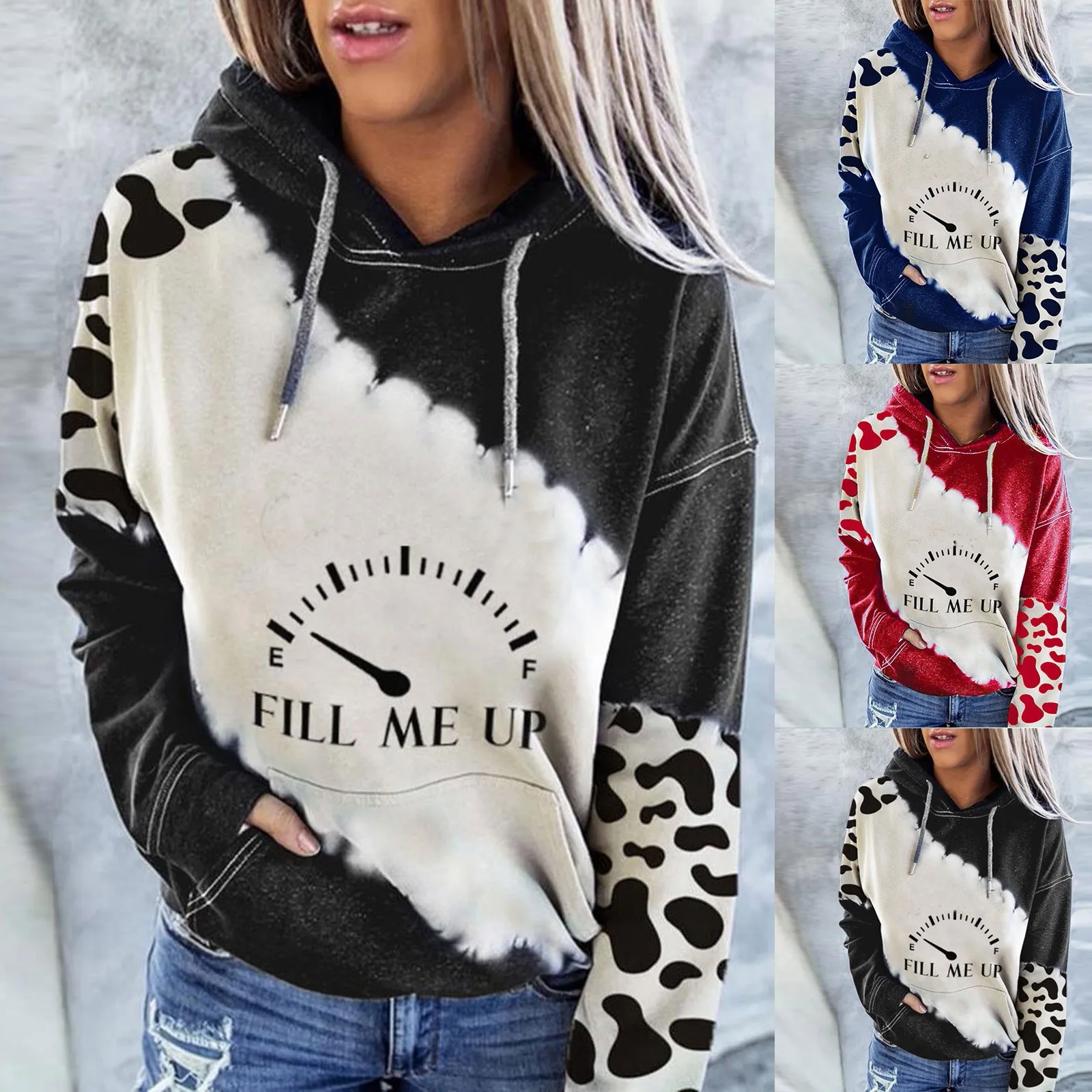 Women's New Cute Cow Print Sweatshirt Long Sleeve Round Neck Casual Tops Shirts Kpop Hooded Pullovers