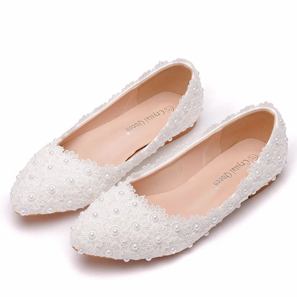 

Women's flat casual shoes White Lace Flower Wedding Shoes Woman Flat Heel Round Toe Slips Lady Wedding Dress Flats Shoes Big Siz