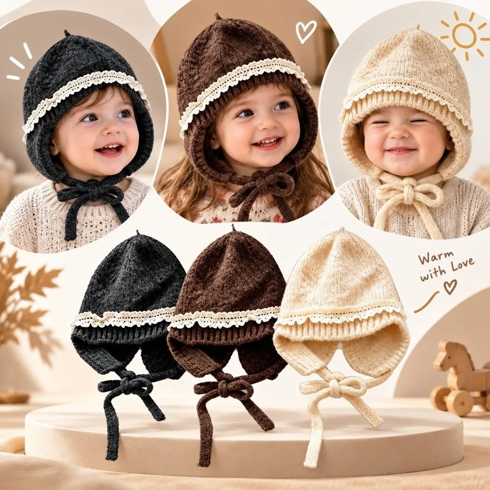 New Lace Trim Knit Hat Earflap Soft Knit Fabric Earflap Bonnet Tie Closure Windproof Beanie Cap Autumn Winter