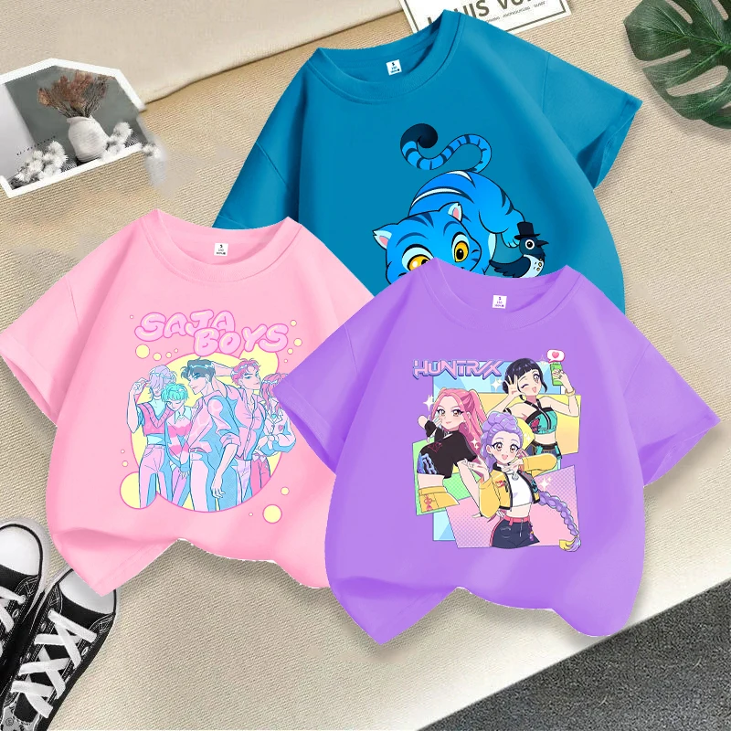 

2025 Anime KPop Demon Hunters Kids T-Shirts Printed Letter A-Z Tops Shirts Summer Clothes Boys Girls Short Sleeves Pullover Tees