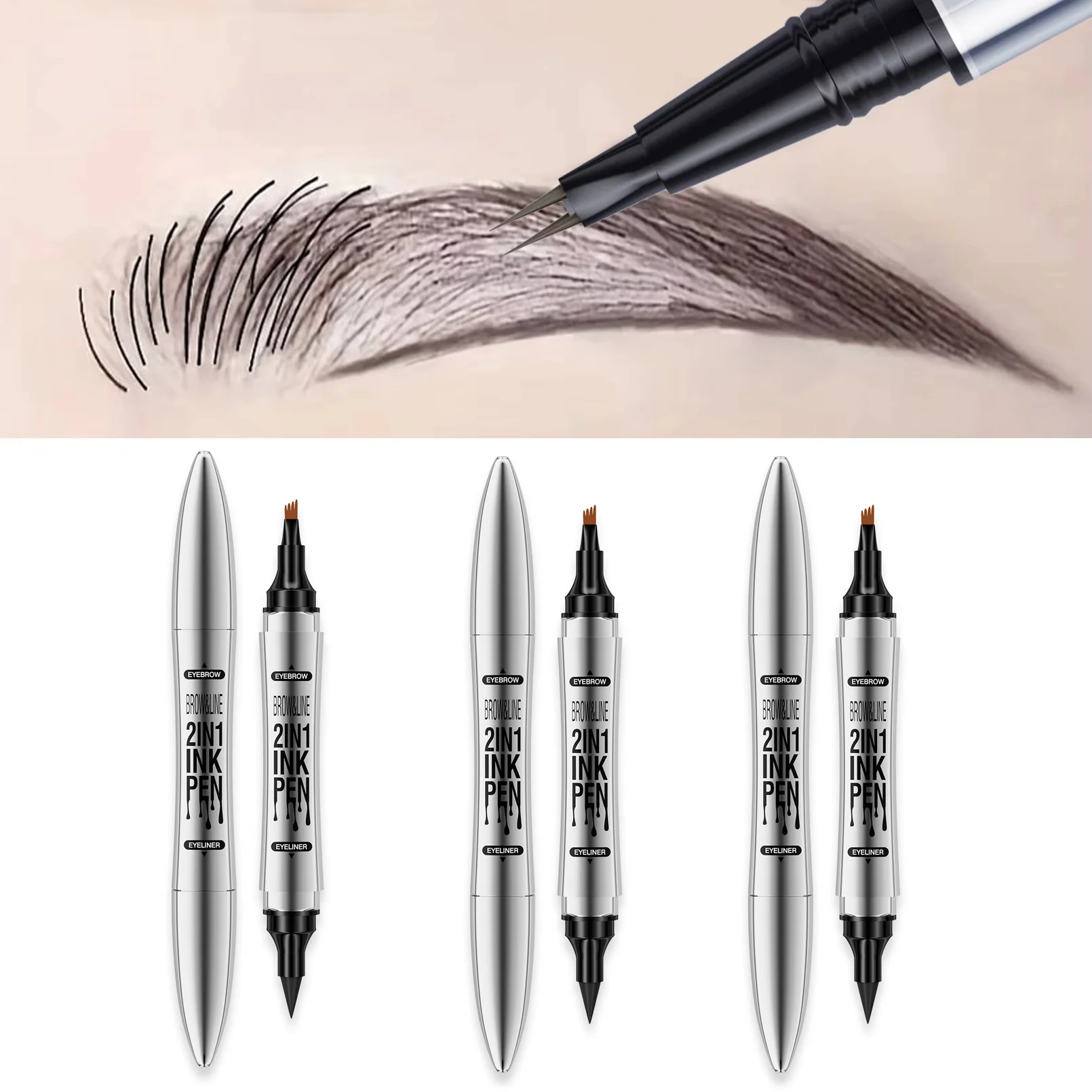 防水の両端液体アイブロウペンシル。湾曲した先端とフォーク型の端が特徴で、長持ちする鮮やかな色と立体的な眉を実現します。