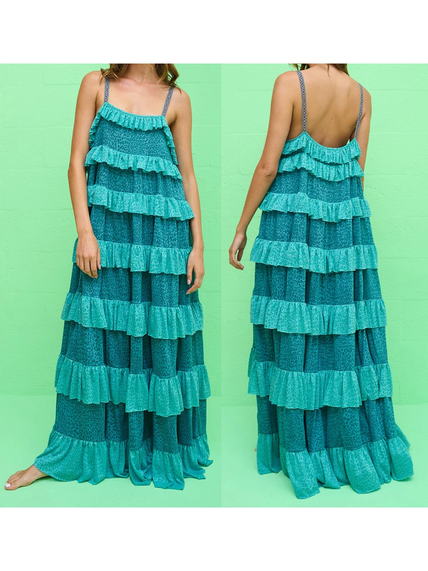 Elegant Sleeveless Maxi Dress with V-Neckline and Flowy Tiered Ruffles Perfect for Summer Parties and Events