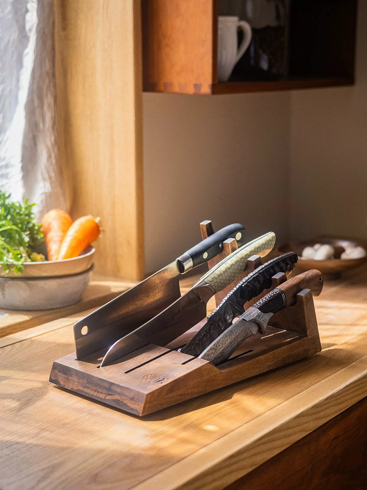 Retro Style Solid Wood Knife Holder with Multiple Slots Kitchen Countertop Tools Organizer Butcher Cleaver Storage Stand