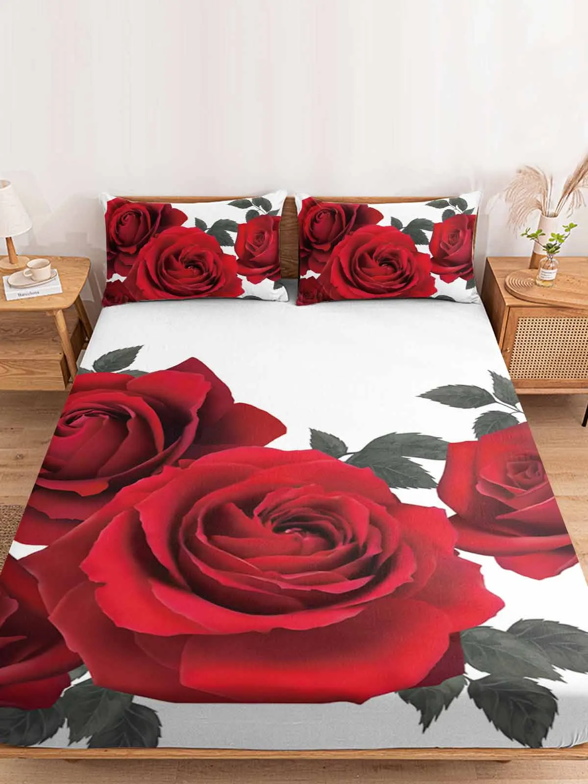 

Rose Flower Red White Background Fitted Sheet with Elastic Bands Non Slip Adjustable Mattress Covers For Single Twin King Bed