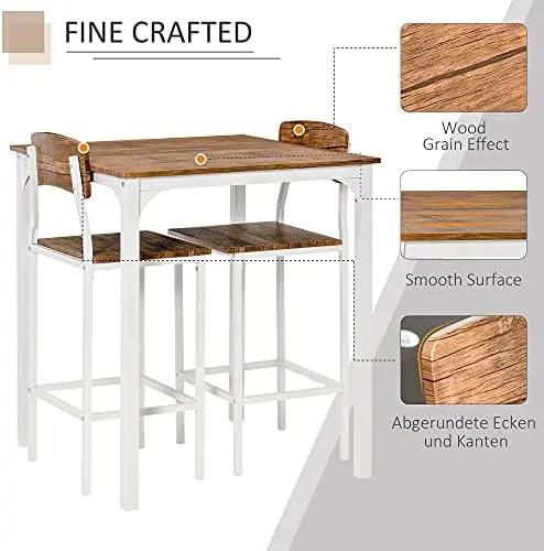 3-Piece Counter Height Bar Table Set, Industrial Kitchen Dining Set for 2, Walnut and White