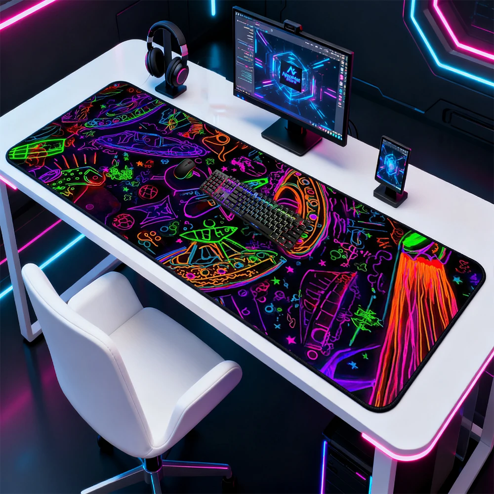 

Neon Cyberpunk Mouse Pad Gaming Big PC Desk Mat Vibrant 120x60 UFO Space Art Large Mousepad Setup Accessories Mousepads