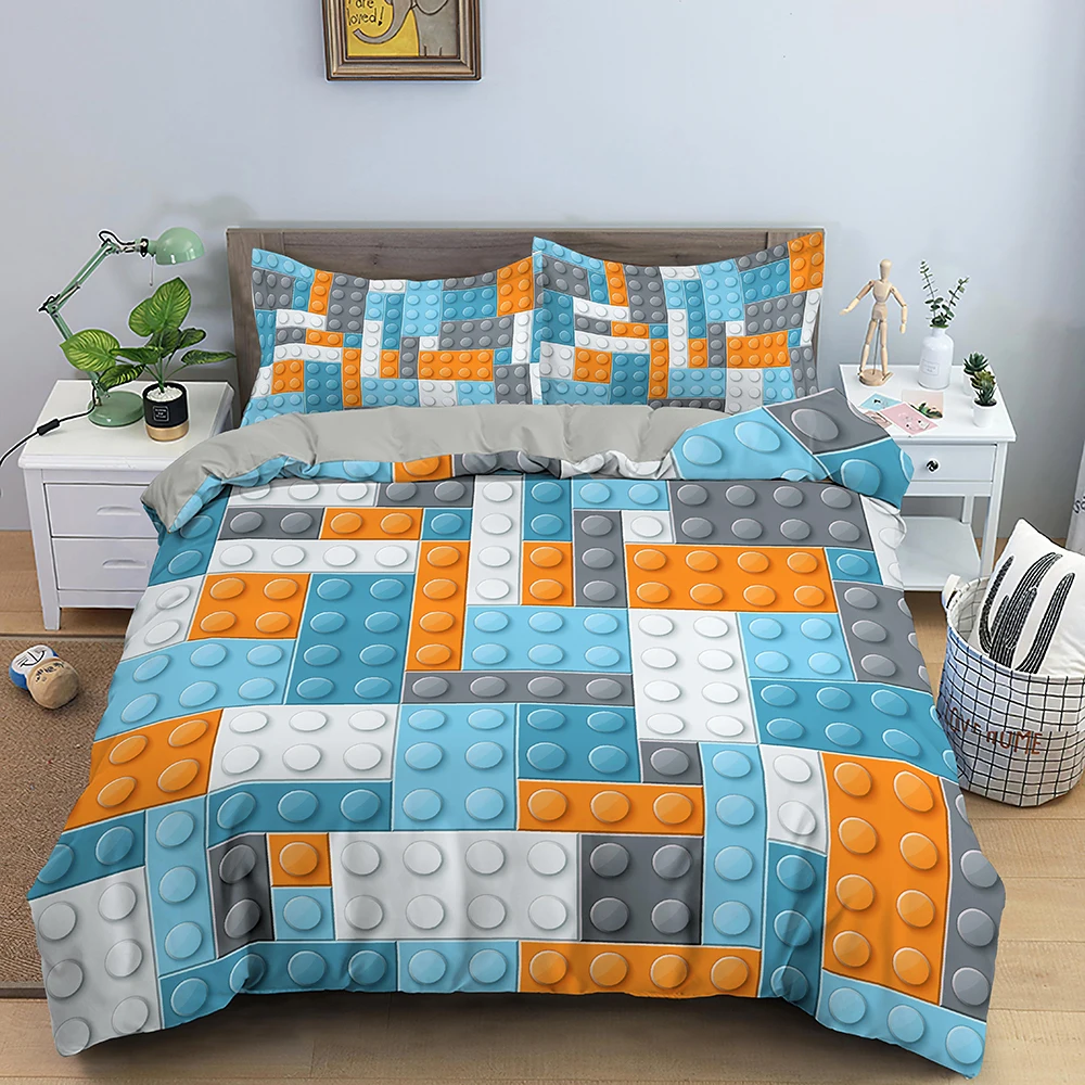 Imagem -04 - Brinquedo Colorido Rei Rainha Duvet Capa 3d Building Block Padrão Bedding Conjunto Fun Tijolo Quilt Capa Gradiente Rainbow Comforter Capa