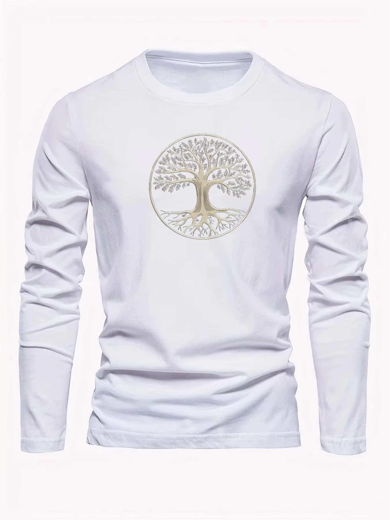 Life of Tree Pattern Printed Men's T-shirts Spring and Summer Casual Sports Fashionable Round Neck Long Sleeved Pullover Tops