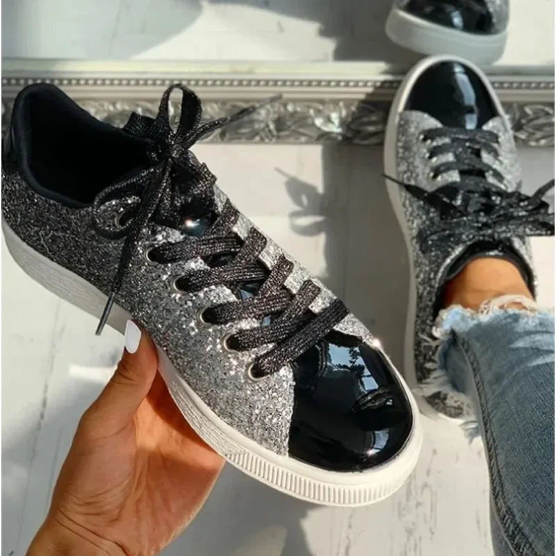 Wome\'s Sneakers Bling Golden Shoes Casual Female Breathable Lace Up Outdoor Sport Tennis Women Vulcanize Shoes Zapatos De Mujer