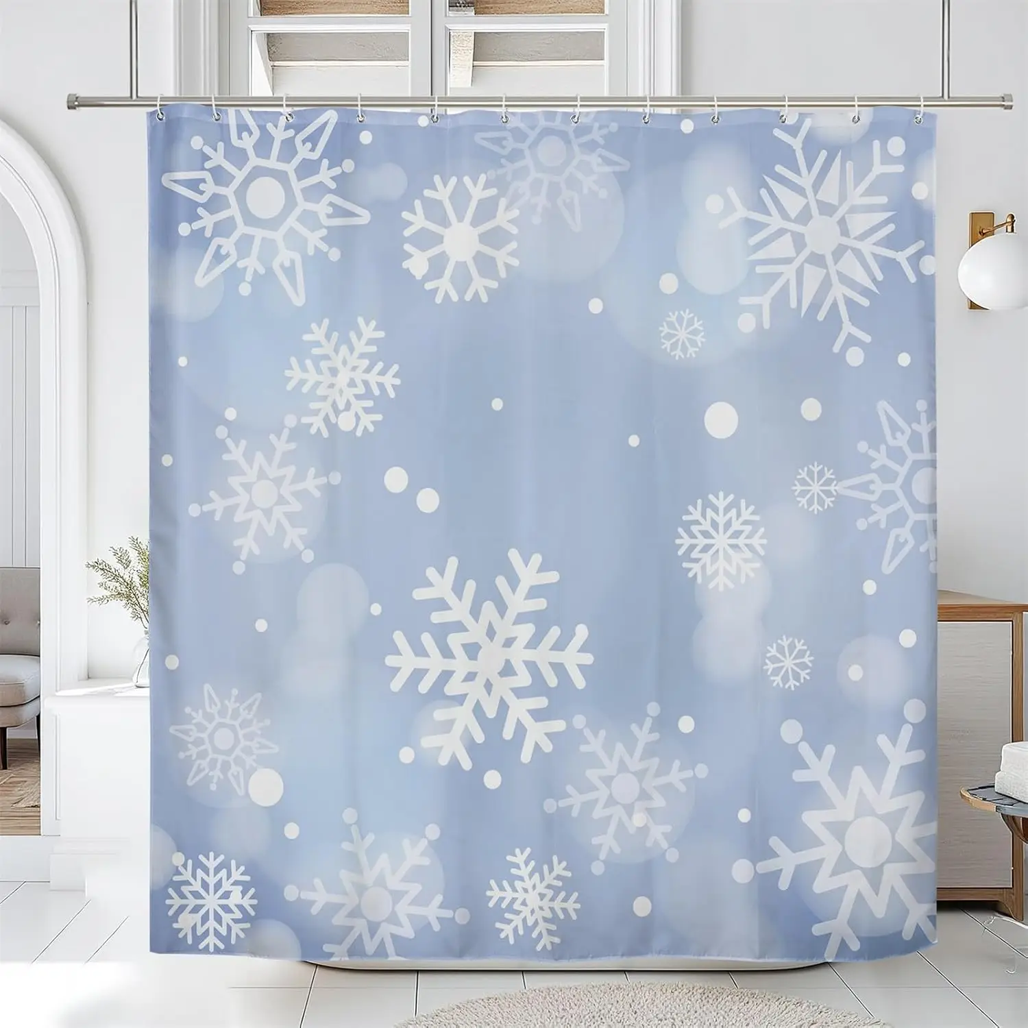 

Snowflake Shower Curtain Winter Blue White Pattern Christmas Decor Bathroom Accessories Waterproof Fabric Seasonal Theme