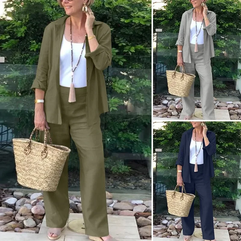 Women Spring Summer Trouser Set Pants Suit Solid Color Wide Leg Pants High Waist Turndown Collar Casual Fashion Comfortable Fit