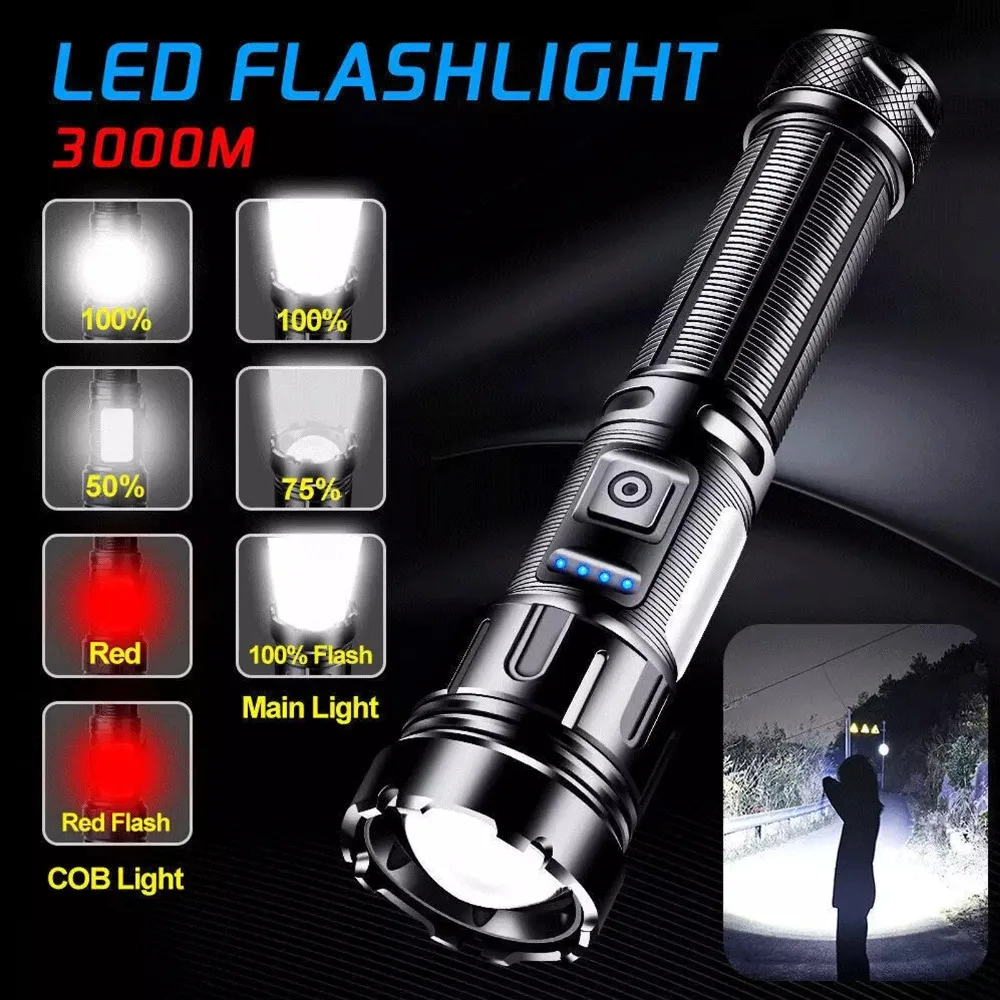 

Portable 1200000LM LED Flashlight 7 Light Modes Rechargeable XHP50 USB Torch Waterproof Super Bright Flash Lights Camping