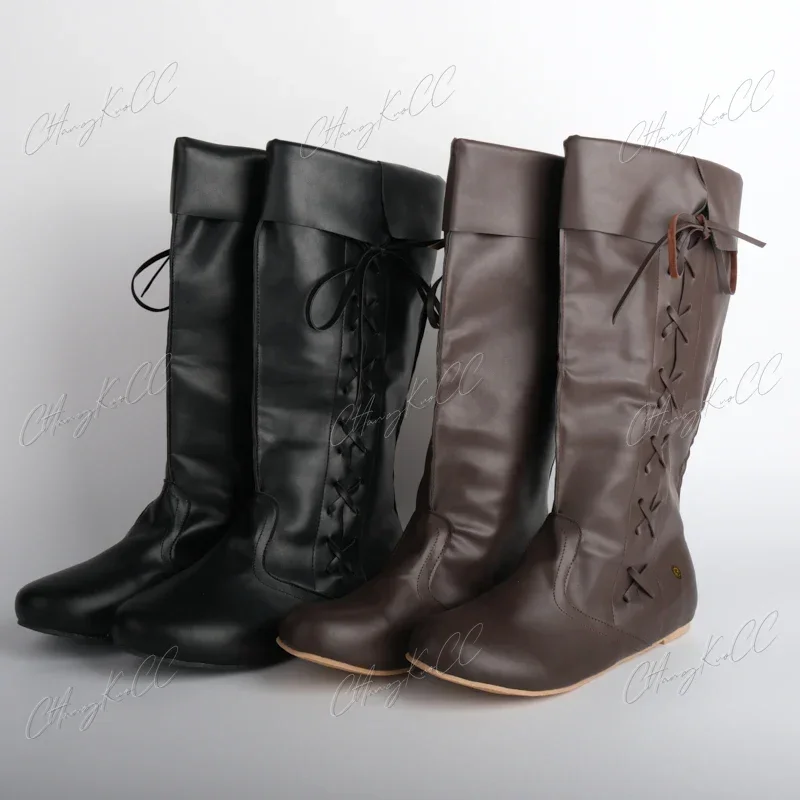 Renaissance mittelalter liche Cosplay Gothic Punk Wikinger Piraten Requisiten Schuhe Leder Ritter hohe Stiefel Männer Frauen Paladin Kostüm Hexer