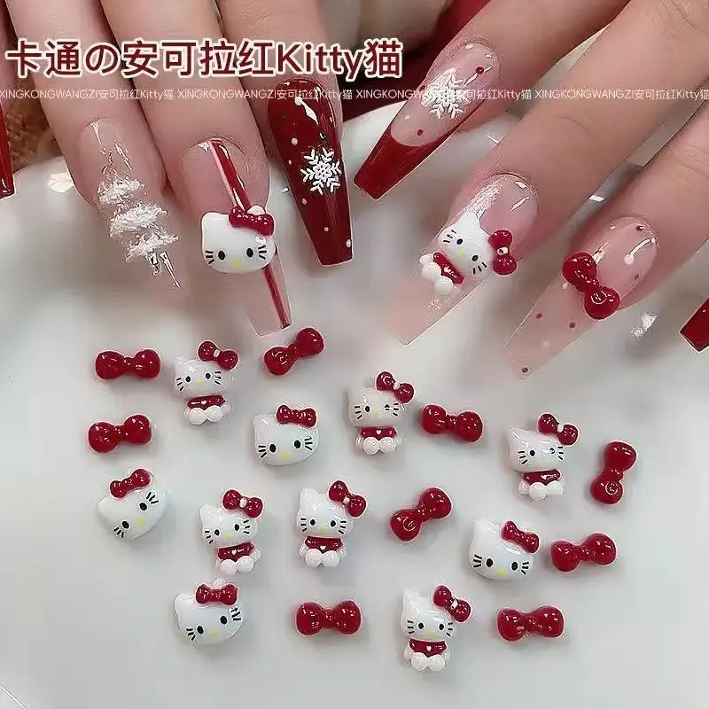 

50 шт. красных украшений для ногтей Hello Kitty, милые 3D-аксессуары в виде сердечек и бантиков для стильного и очаровательного маникюра