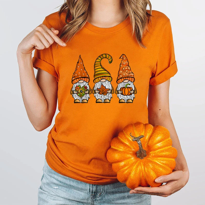 Fall Gnomes T-shirts For Women Fall Tees Gnome T-shirt Casual Short Sleeve Round Neck Tops Happy Halloween Pumpkins T-shirts