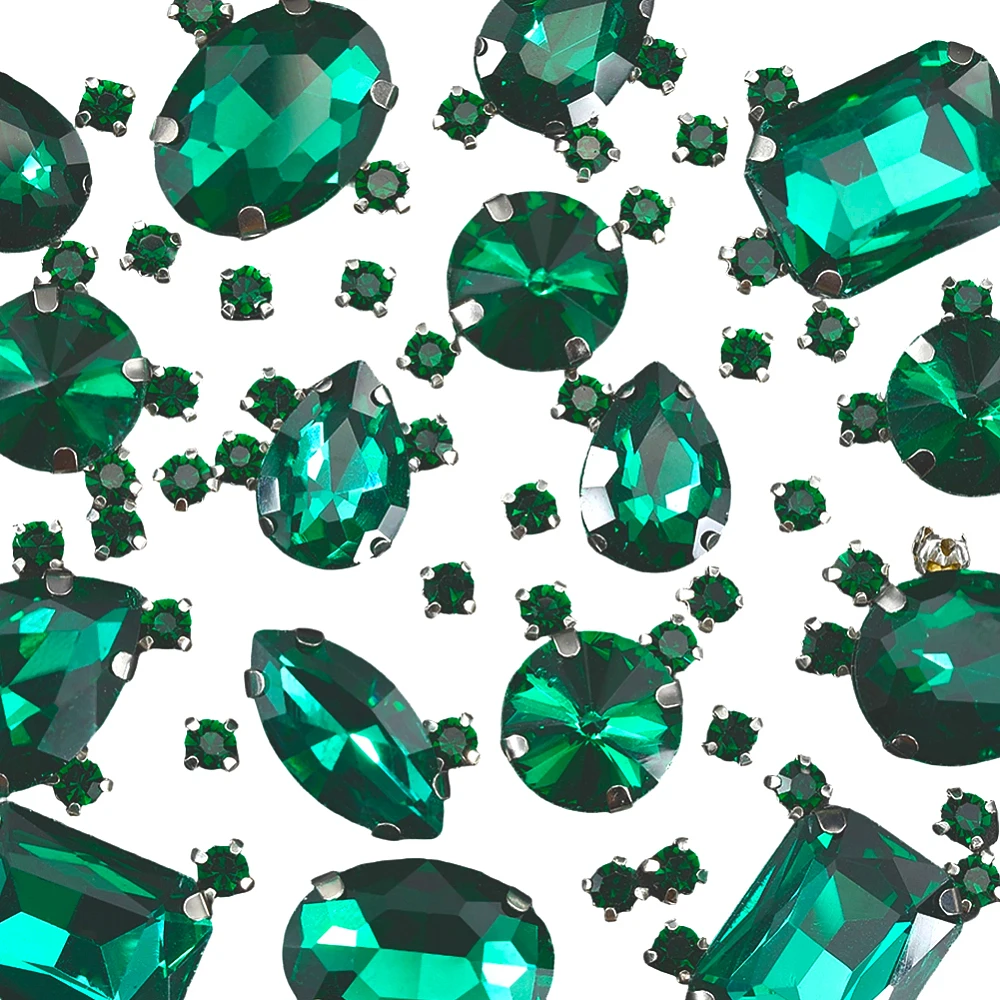 156Pcs 7 Styles Green Sew on Rhinestones Prong Setting Gems Flatback Faceted Oval Round Teardrop Rectangle Crystals Accessories